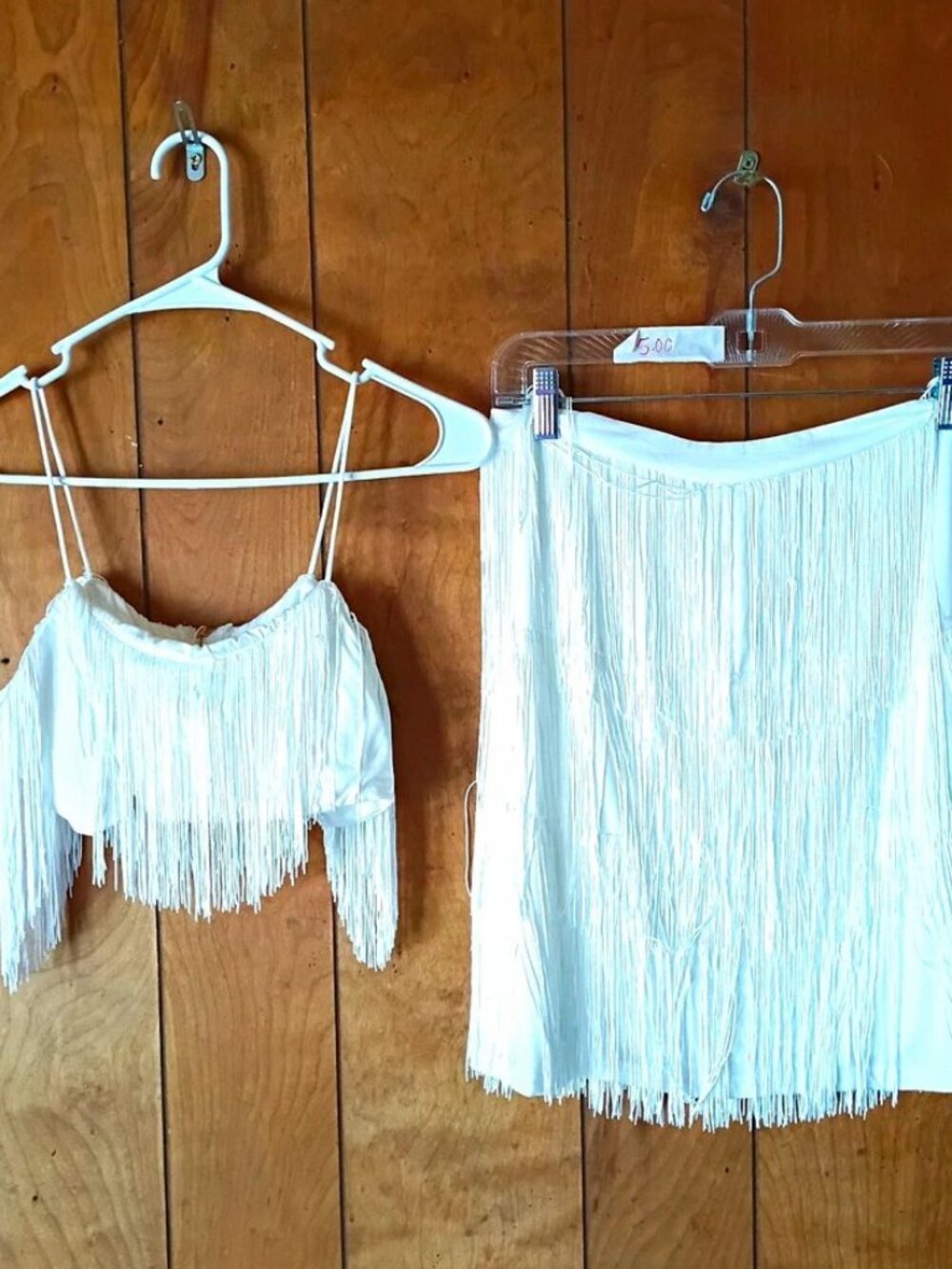 Fuedage Women’s 2 Piece Fringe Skirt Crop Top Set White Size L